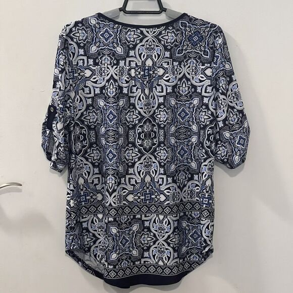 PerSeption Womens Blue Floral Print Tunic Top Blouse Size Medium Roll Tab Sleeve - Picture 4 of 10